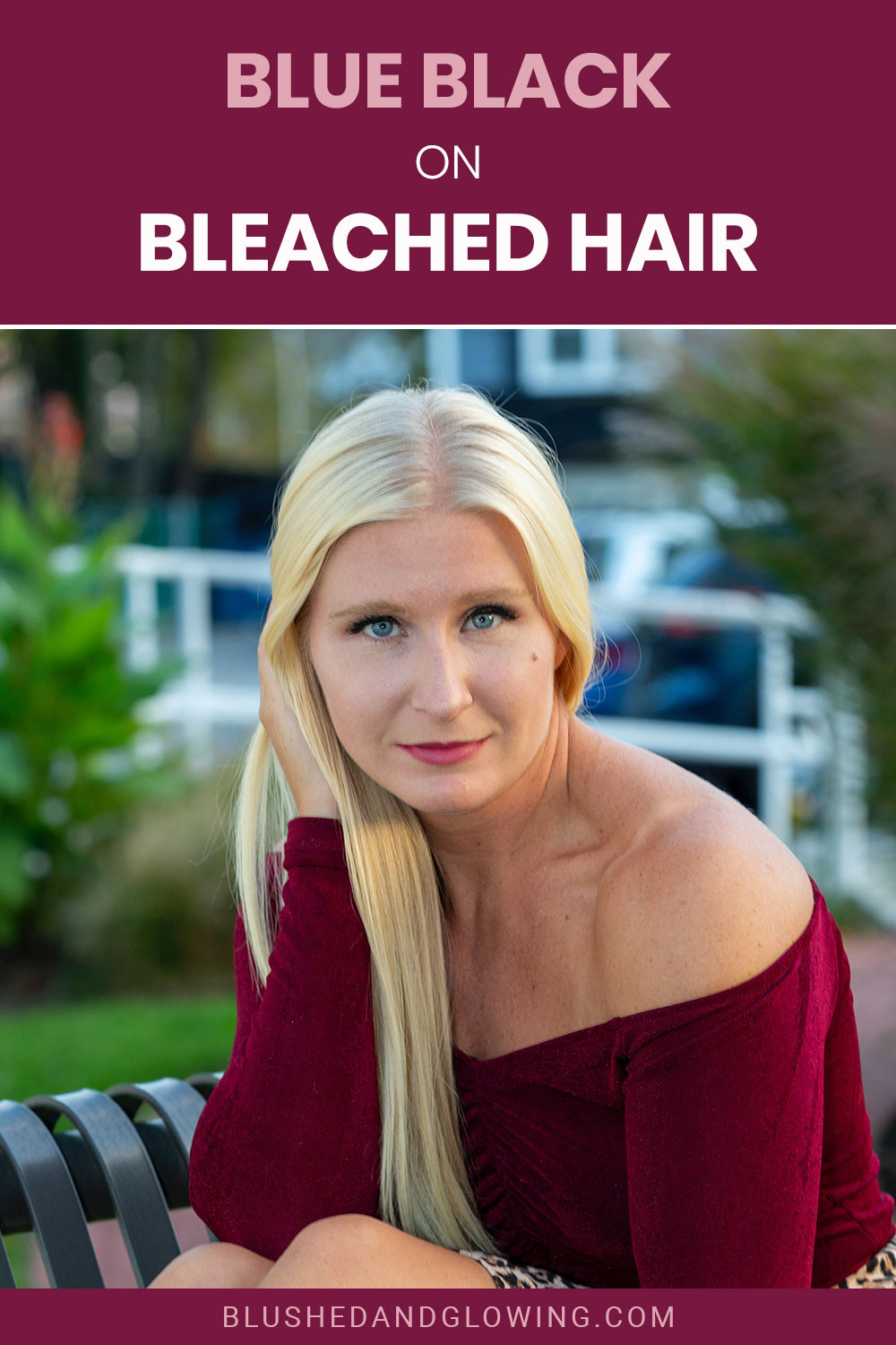 Blonde woman in maroon dress - Blue Black On Bleached Hair