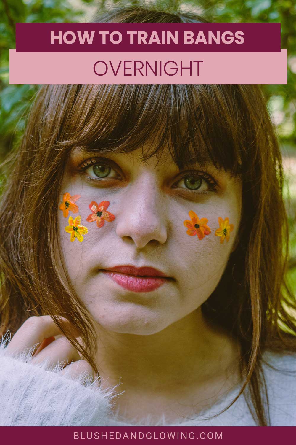 Woman with flower makeups of her face - How To Train Bangs Overnight.